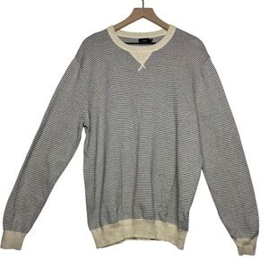 J Crew Mens Striped Crewneck Sweater XL Beige Navy Cotton V-Neck